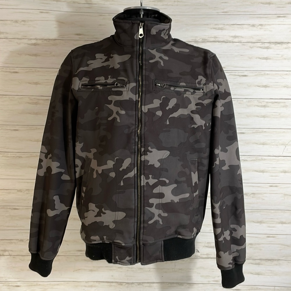 Buffalo David Bitton Camo Full Zip Softshell Jacket Medium Pockets Gray Fleece